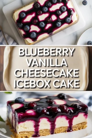 Vertical collage showing blueberry vanilla cheesecake icebox cake in the pan, the recipe title overlay, and a plated slice with glossy blueberry topping.