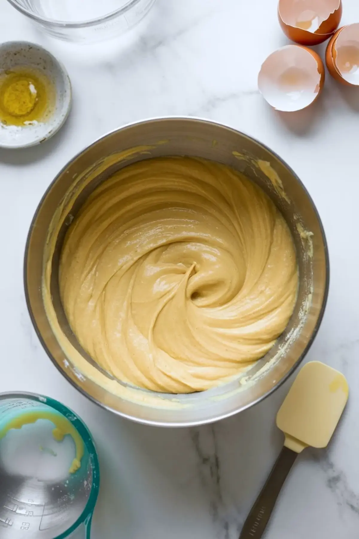 Yellow cake batter for Boston Cream Pie Poke Cake mixed in a bowl before baking in the 9x13 pan.
