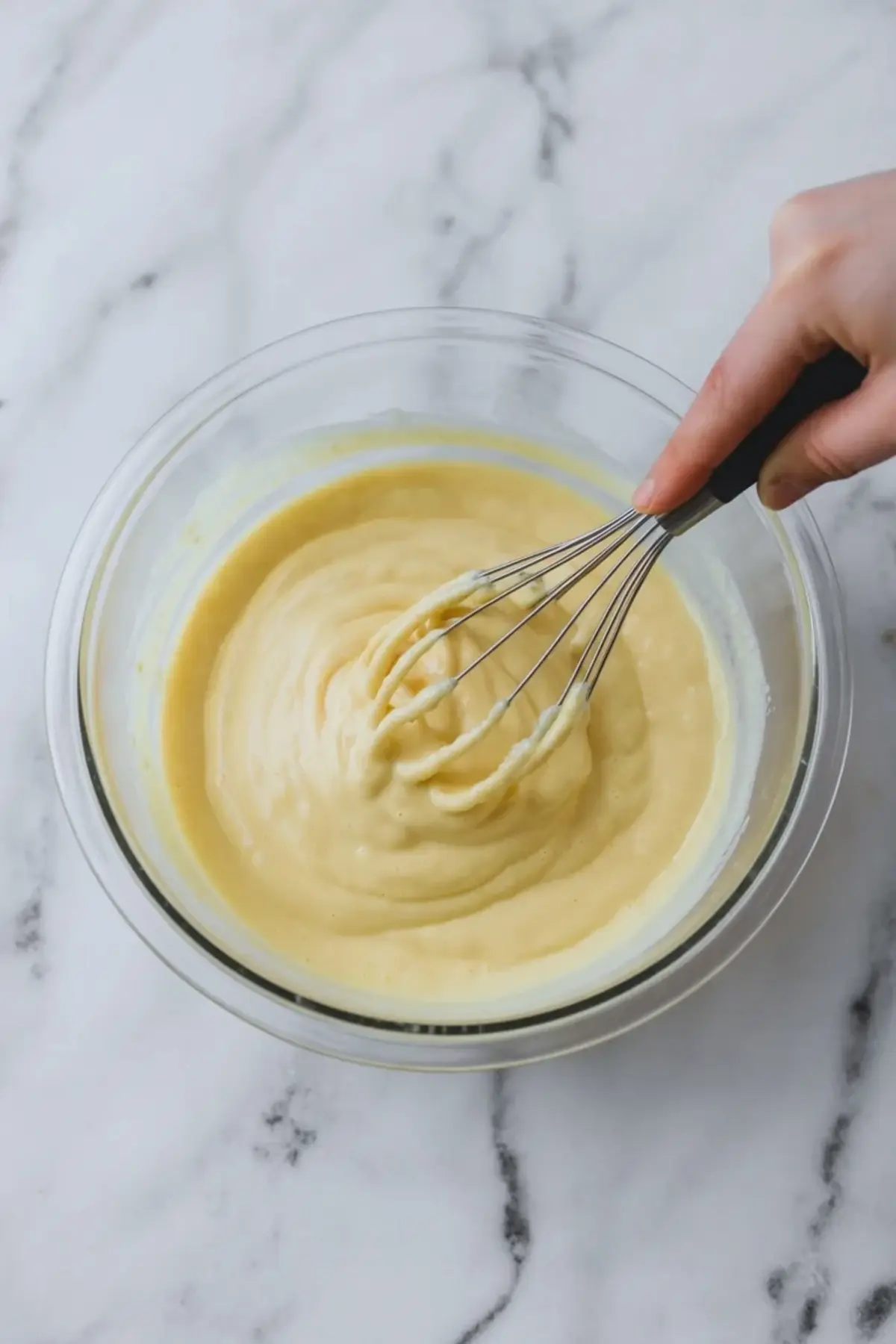 Vanilla pudding filling for Boston Cream Pie Poke Cake whisked until smooth in a glass bowl.
