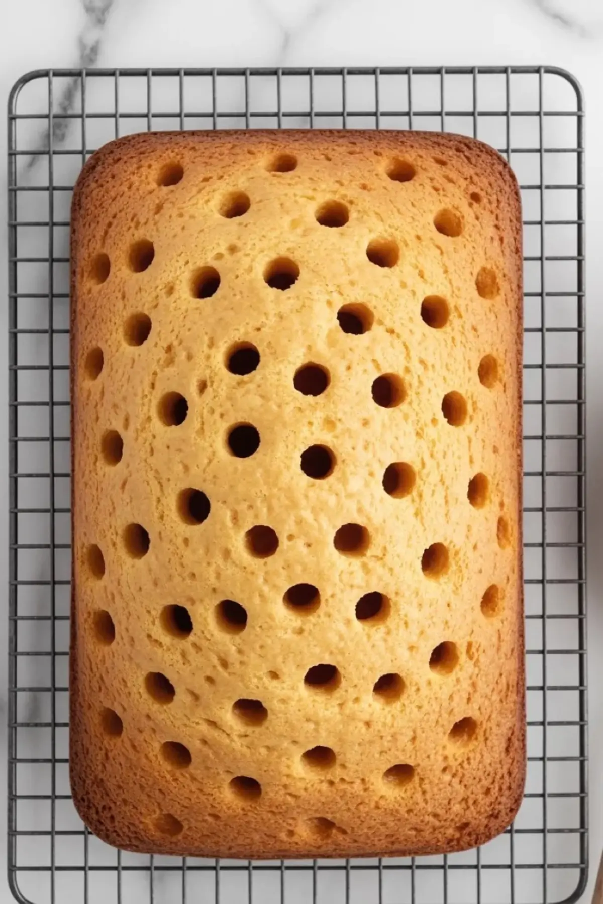 Baked yellow cake with poke holes across the top for Boston Cream Pie Poke Cake before the pudding filling is added.