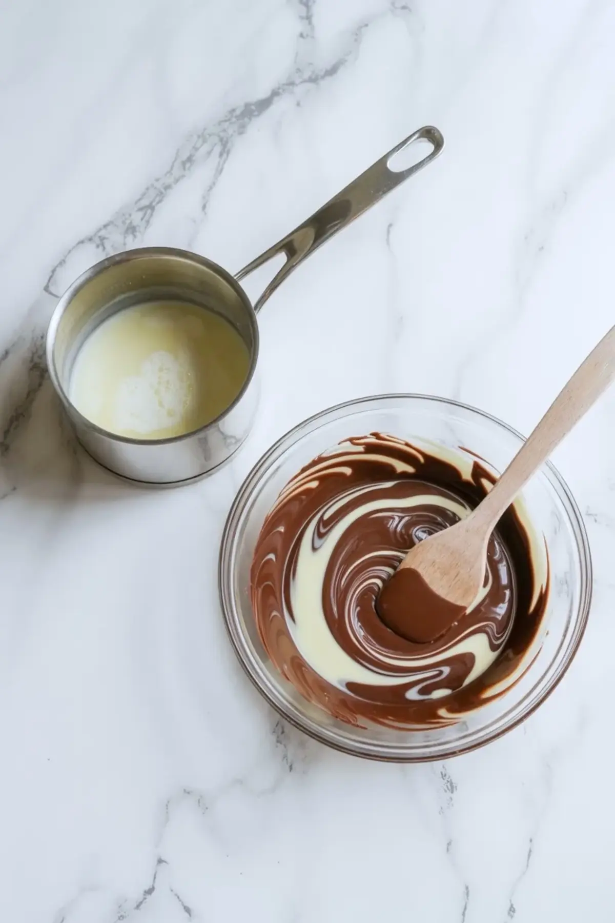 Chocolate ganache for Boston Cream Pie Poke Cake stirred in a bowl with warm cream before spreading over the pudding layer.