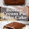 Boston Cream Pie Poke Cake in a glass baking dish topped with a smooth layer of glossy chocolate ganache.