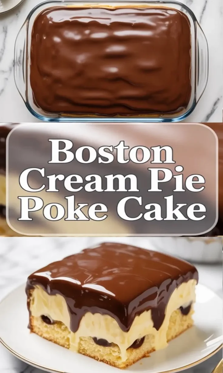 Boston Cream Pie Poke Cake in a glass baking dish topped with a smooth layer of glossy chocolate ganache.