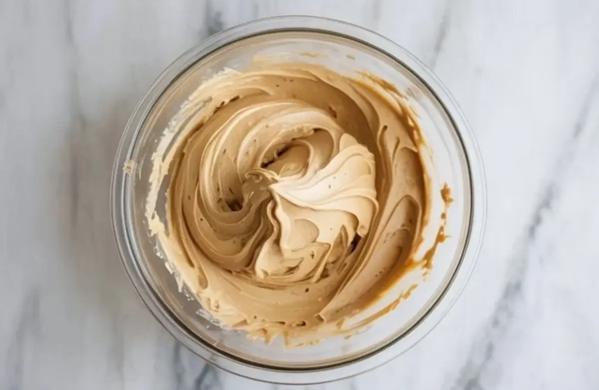 Glass bowl holds silky brown butter cream cheese frosting with glossy swirl pattern and light caramel color on a marble countertop.

