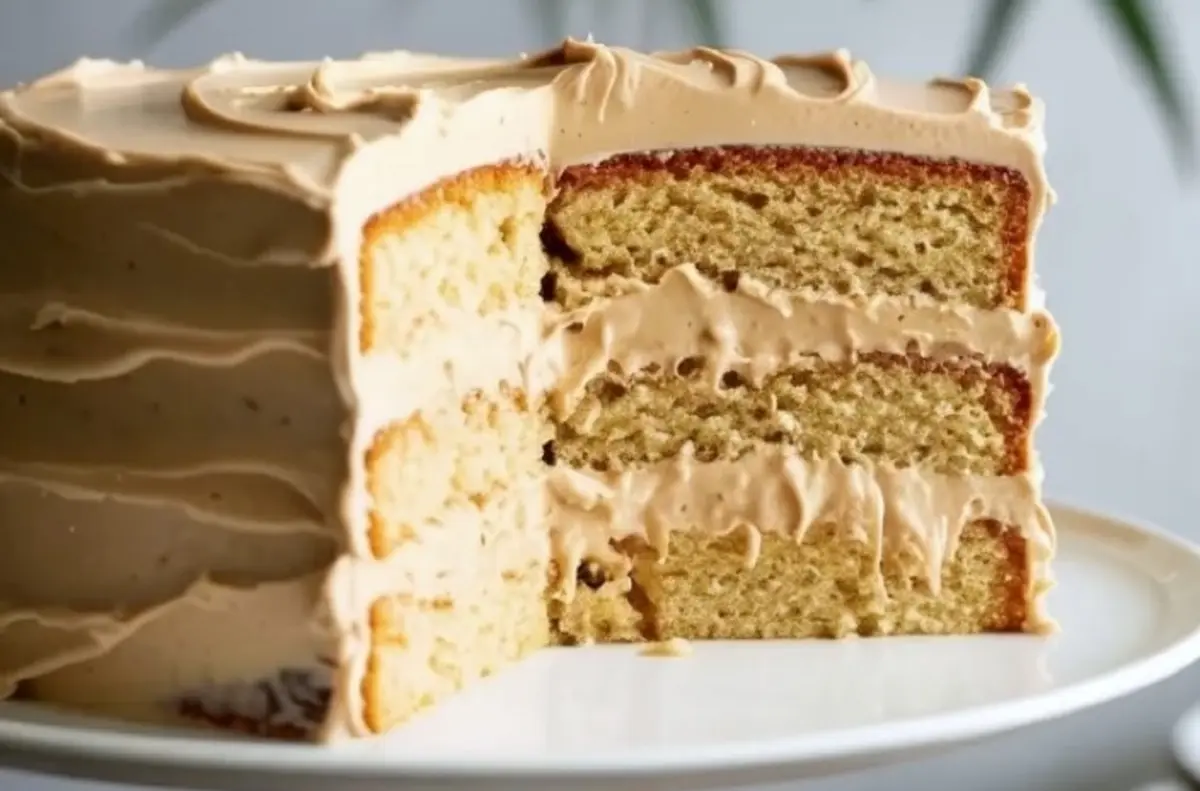 Slice of vanilla layer cake shows thick brown butter cream cheese frosting between soft cake layers and spread around the outside on a white plate.
