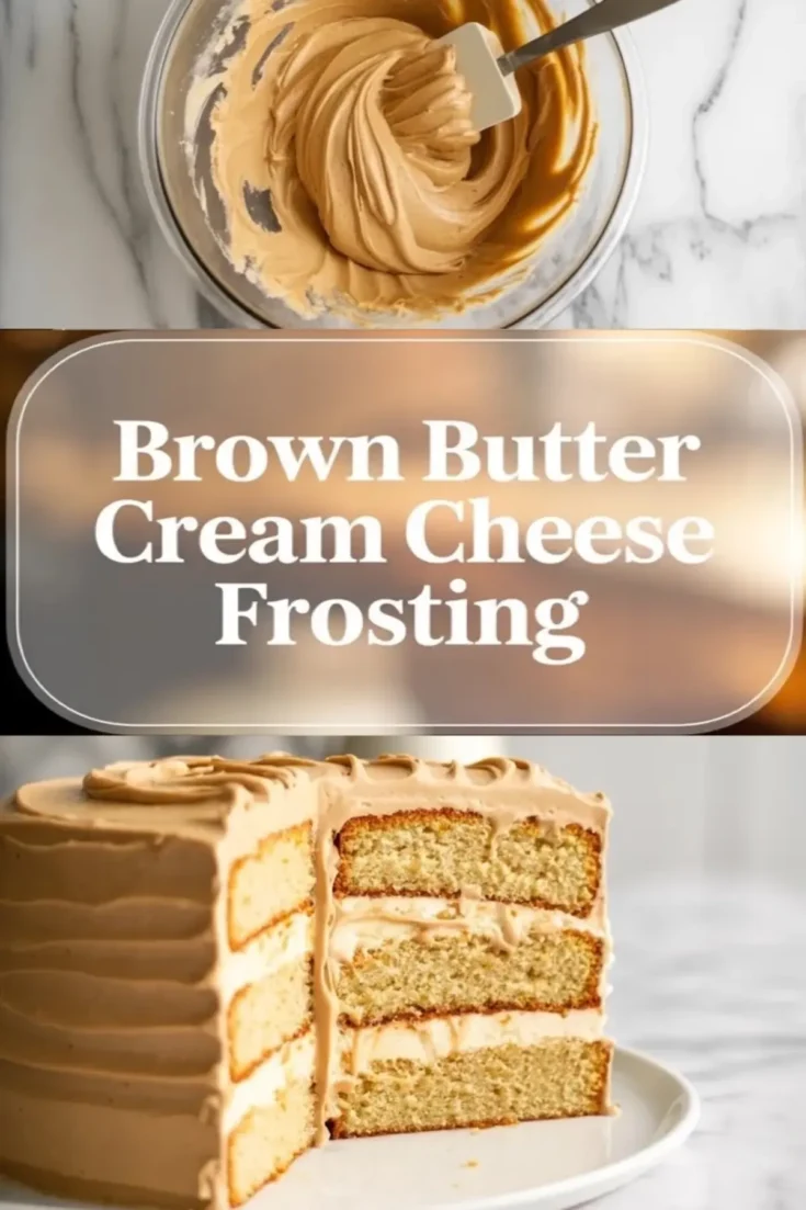 Vertical collage shows a bowl of smooth brown butter cream cheese frosting with spatula on top and a sliced vanilla layer cake filled with the frosting on the bottom with text “Brown Butter Cream Cheese Frosting”.