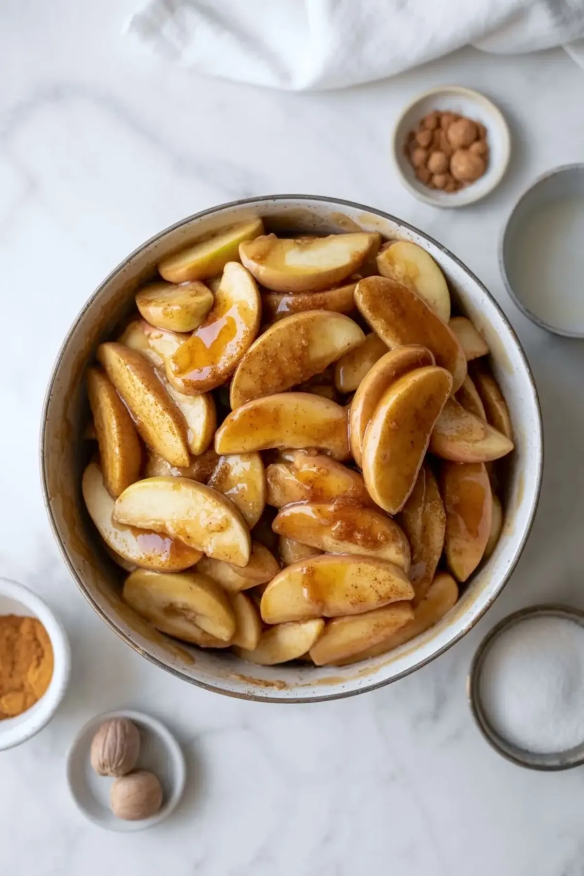 Sliced apples sit in a bowl coated with cinnamon, sugar, and brown butter for the sour cream apple pie filling, with small bowls of spices around the bowl on a marble surface.