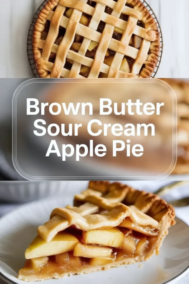 A baked brown butter sour cream apple pie with a golden lattice top sits on a cooling rack, showing the full pie from above.