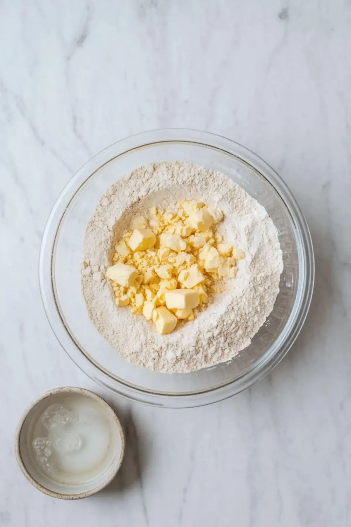 A glass bowl holds flour and pieces of cold butter beside a small bowl of ice water as the pie crust for brown butter sour cream apple pie is started.