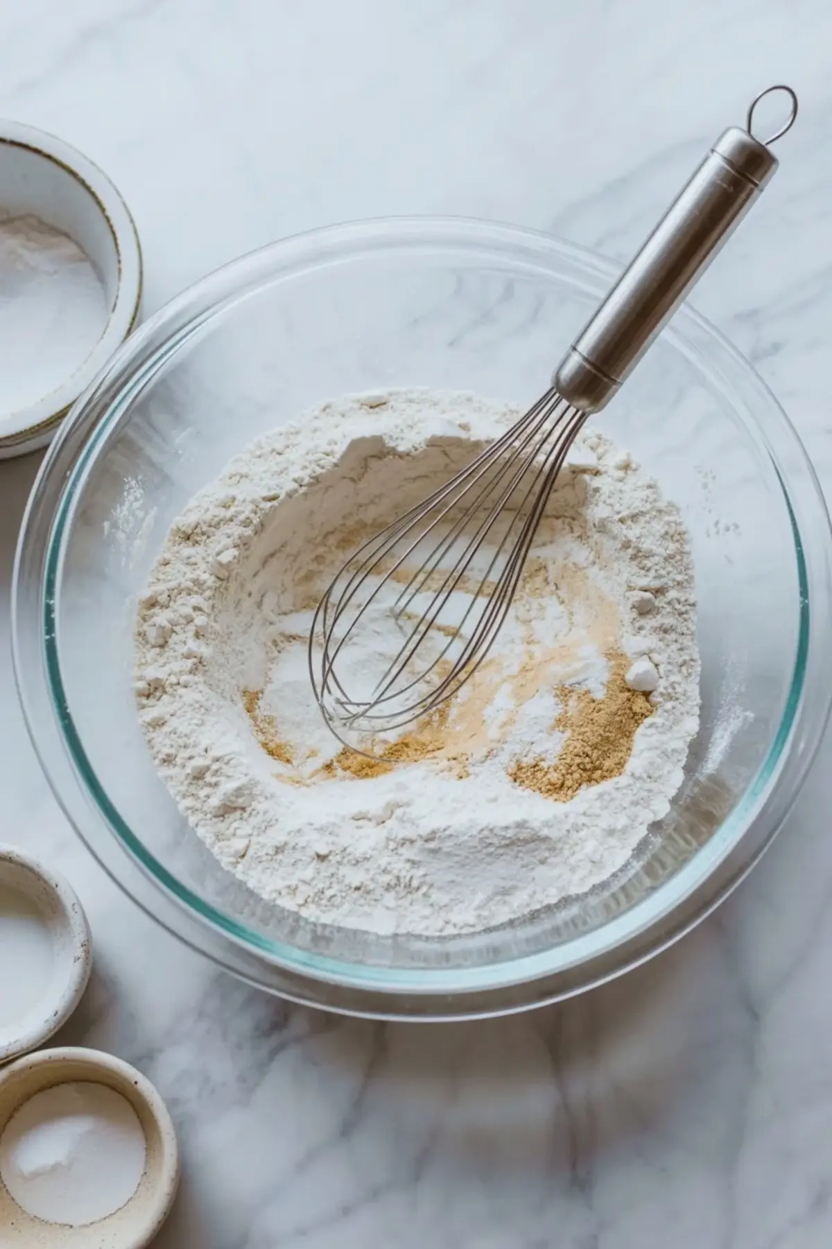 Glass mixing bowl holds flour and baking powder while a metal whisk rests inside on a white marble countertop during homemade sugar cookie dough preparation.

