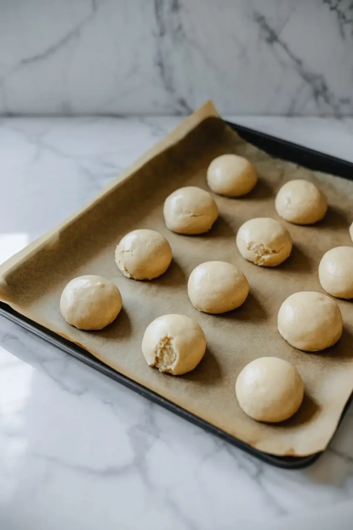 Round cookie dough balls sit spaced on a parchment lined baking sheet ready for baking soft sugar cookies in a simple homemade cookie recipe.
