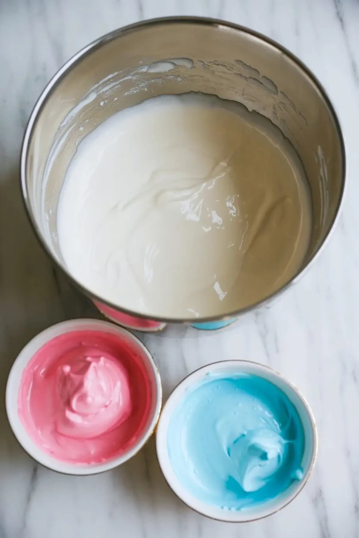 Metal mixing bowl holds smooth white royal icing while small bowls hold pink icing and blue icing for decorating Easter bunny paw print cookies.
