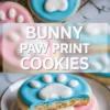 Vertical collage shows bunny paw print cookies with blue and pink icing on a cooling rack, bold title bunny paw print cookies, and a bitten decorated sugar cookie stacked on a plate showing soft crumb.