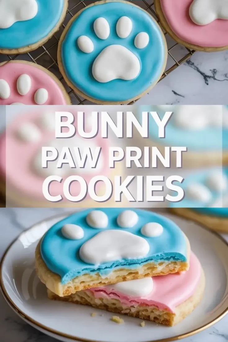 Vertical collage shows bunny paw print cookies with blue and pink icing on a cooling rack, bold title bunny paw print cookies, and a bitten decorated sugar cookie stacked on a plate showing soft crumb.