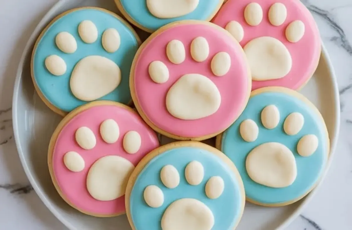 Plate holds decorated Easter bunny paw print sugar cookies with pastel pink icing, pastel blue icing, and raised white paw pad details.
