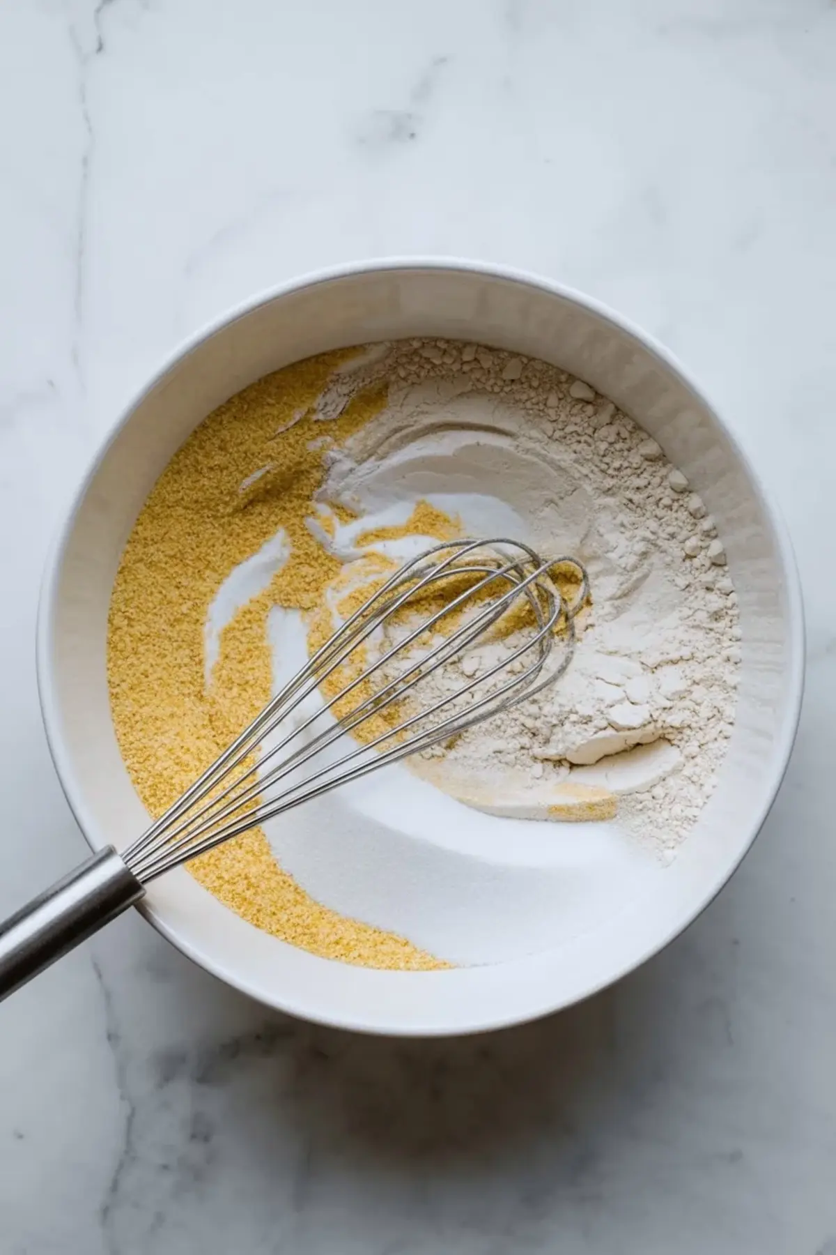 White bowl holds flour, cornmeal, and sugar with a metal whisk resting inside during dry ingredient mixing for homemade buttermilk cornbread.
