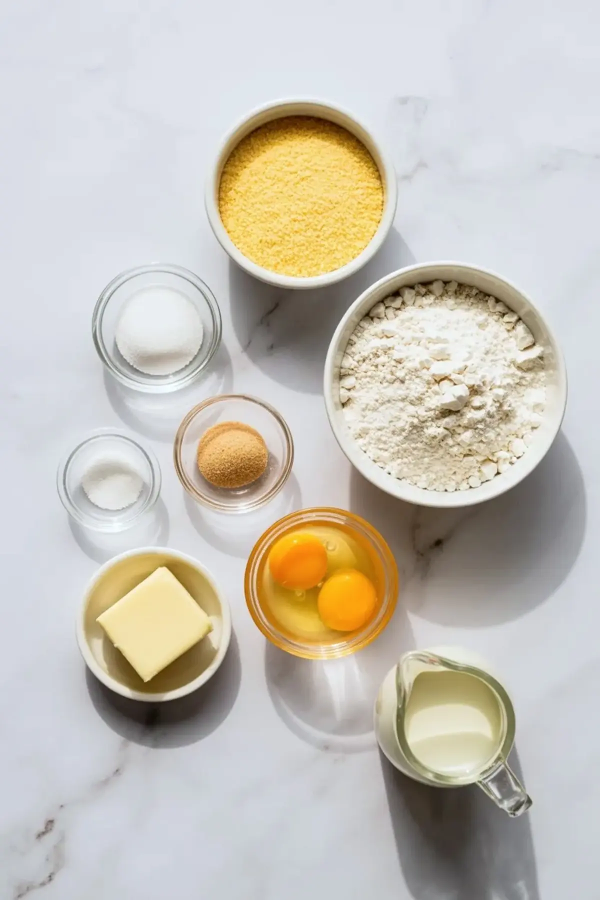 Measured cornbread ingredients arranged on a marble surface including cornmeal, flour, eggs, butter, sugar, buttermilk, and baking ingredients for classic buttermilk cornbread recipe.
