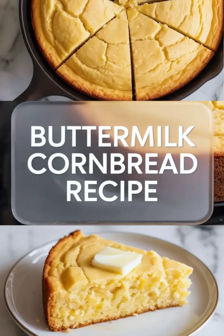 Vertical collage shows golden buttermilk cornbread baked in a cast iron skillet cut into wedges and a moist cornbread slice on a plate with butter, with text overlay reading buttermilk cornbread recipe.