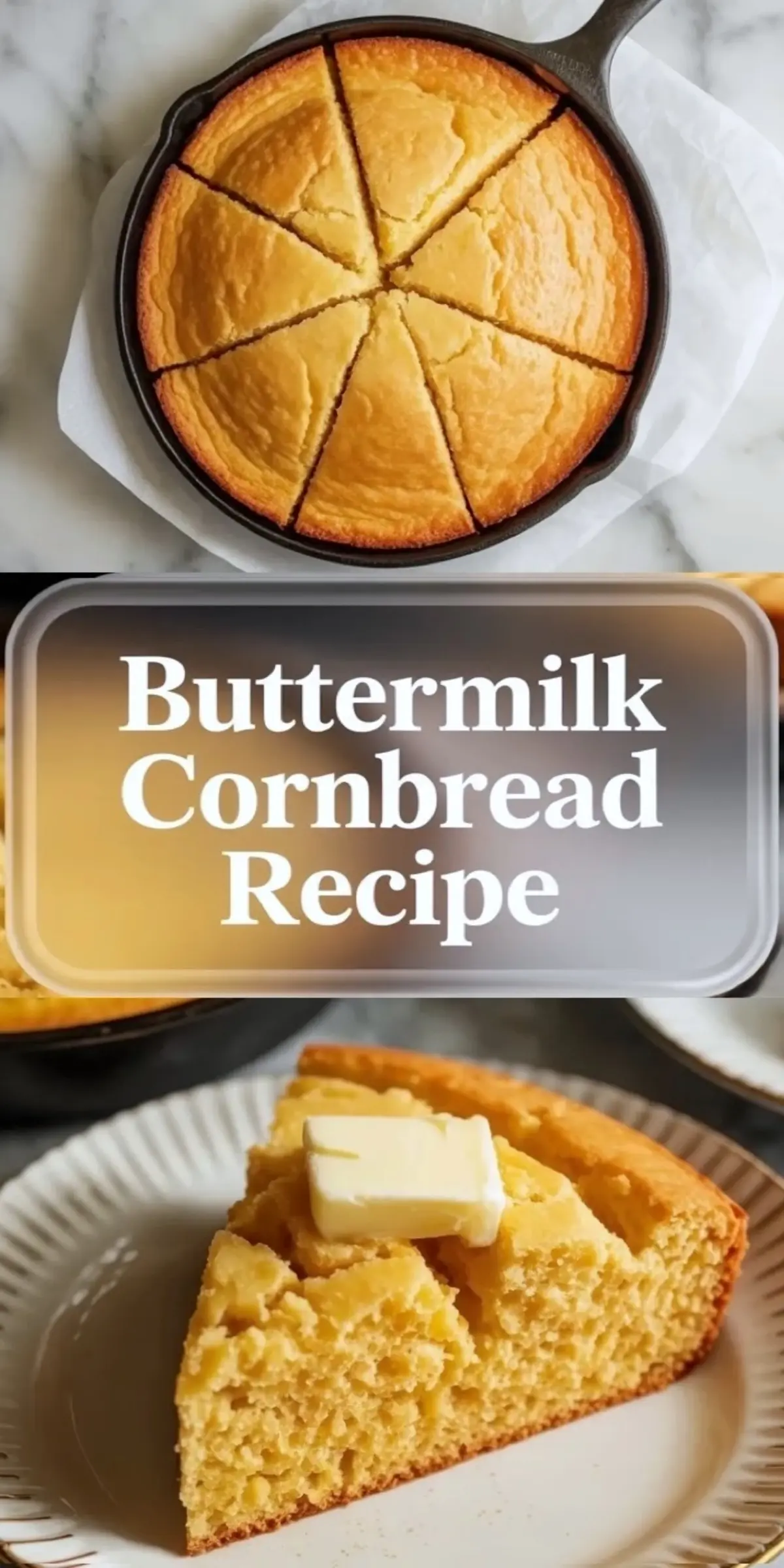 Vertical collage shows round skillet buttermilk cornbread sliced into wedges and a fluffy cornbread slice topped with butter on a plate with text overlay reading Buttermilk Cornbread Recipe.
