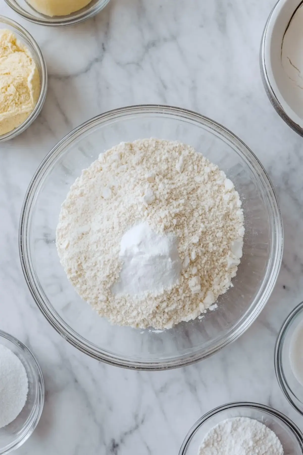 Glass bowl holds flour mixture with baking powder on a marble countertop, surrounded by small bowls of baking ingredients for caramel cheesecake cookies recipe prep.
