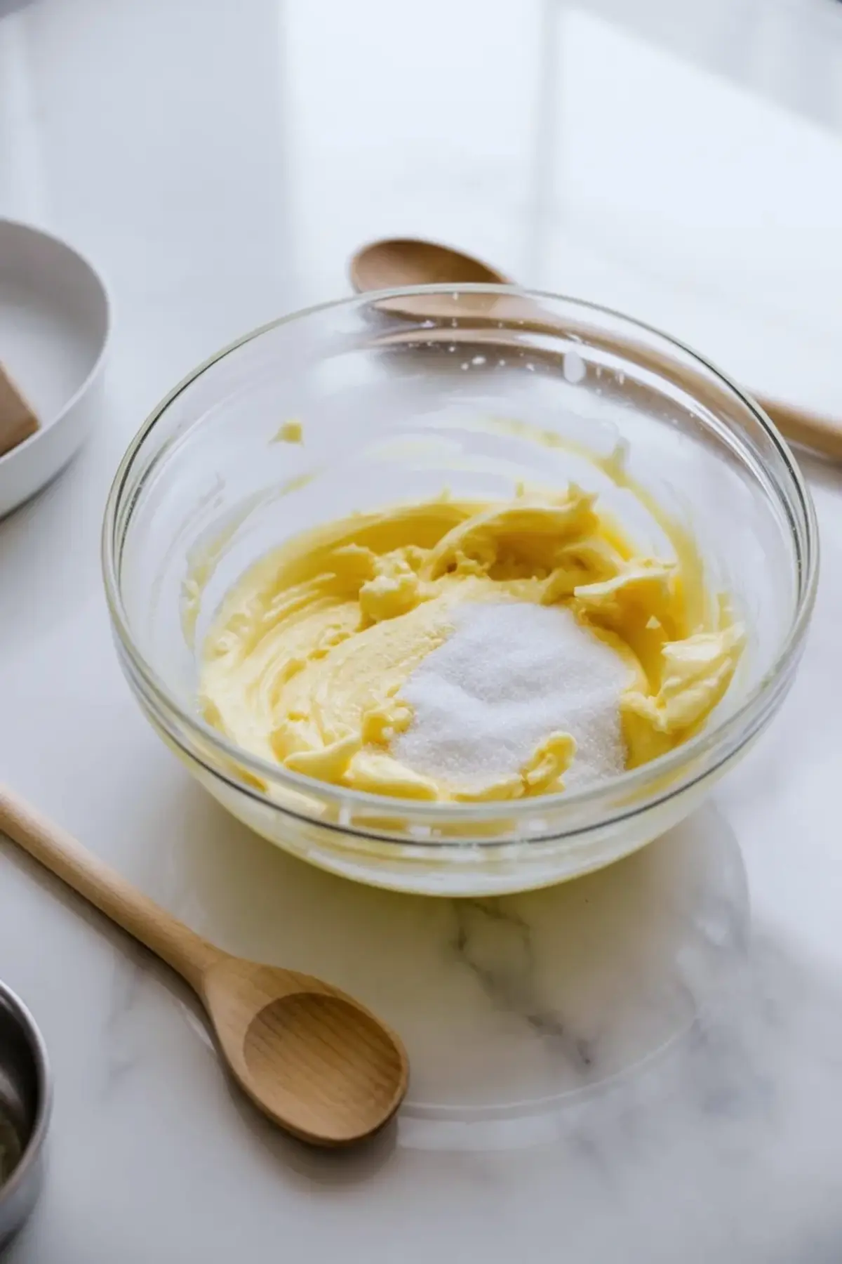 Glass bowl shows softened butter mixed with white sugar while wooden spoon rests nearby on marble surface during cookie dough preparation.
