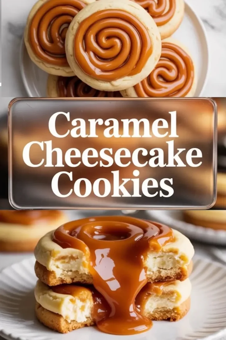 Vertical collage shows caramel swirl cheesecake cookies on plate, large title text caramel cheesecake cookies, and stacked cookies with creamy cheesecake center and glossy caramel drizzle.