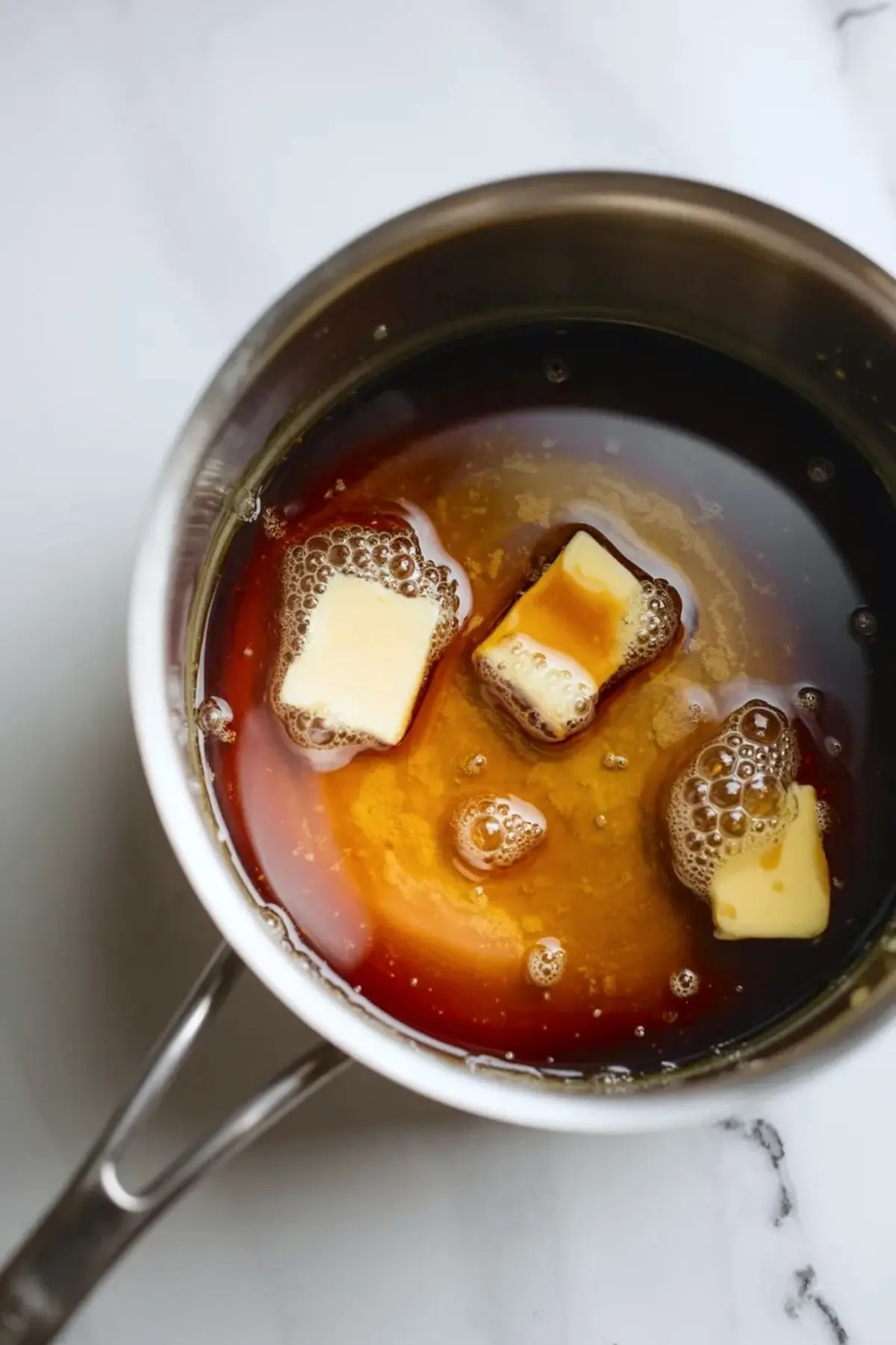 Amber caramel sauce in a saucepan with butter melting into it on white marble during the early stage of making caramel pecan cake filling.