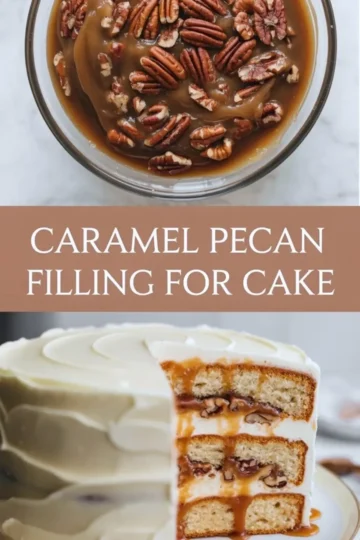Vertical pin style collage showing caramel pecan cake filling in a bowl and inside a sliced layer cake.