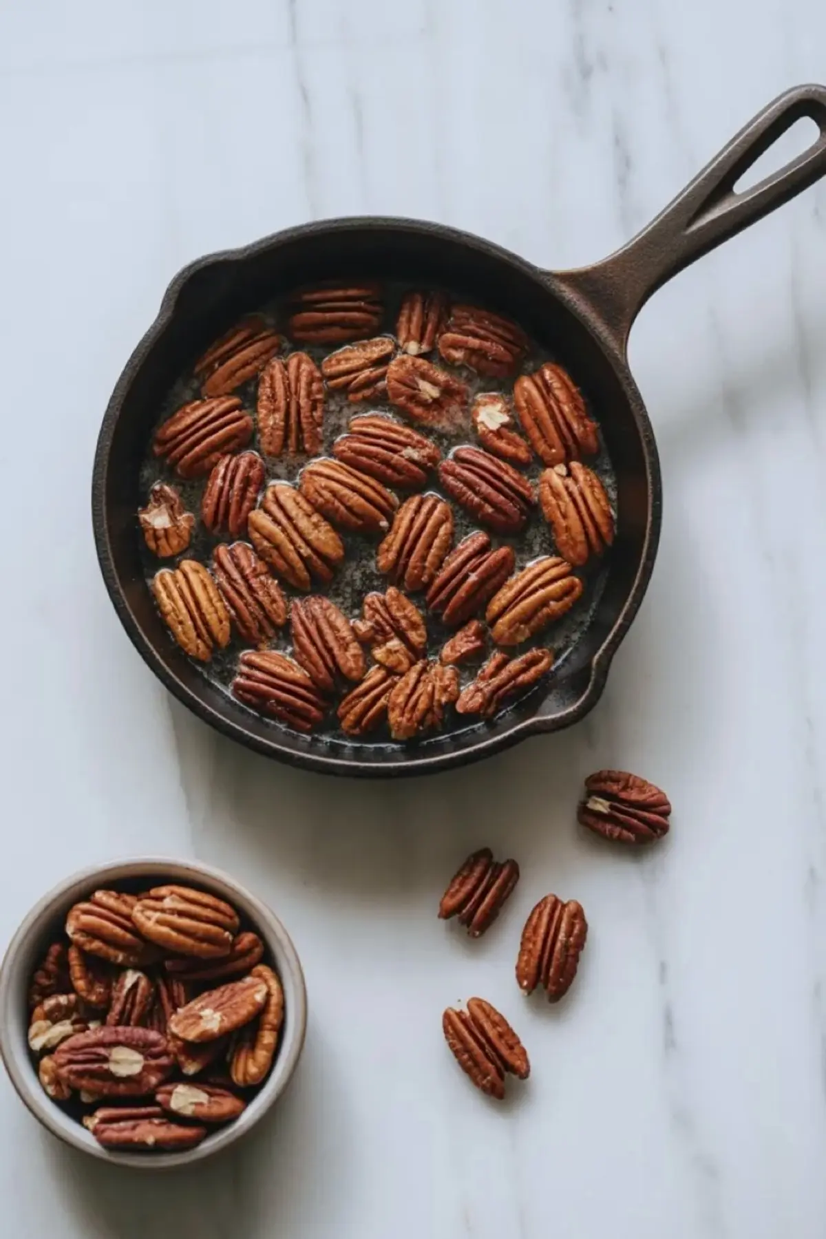 Toasted pecans in a cast iron skillet on white marble, showing the nutty mix in caramel pecan filling before it is folded into the caramel.