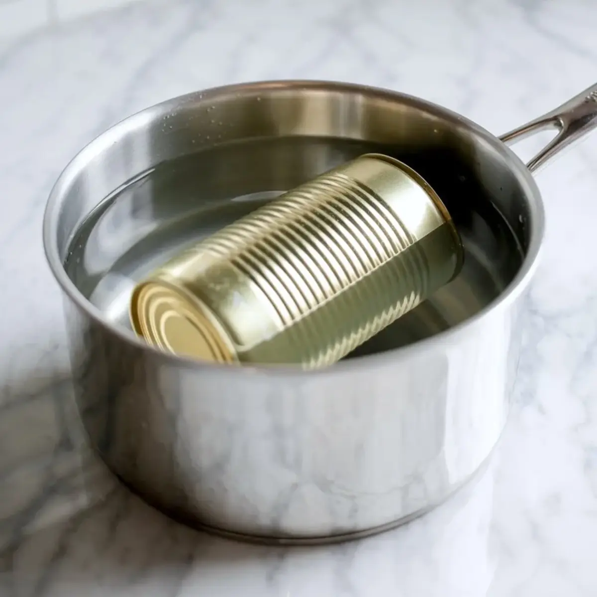 A sealed can of sweetened condensed milk sits submerged in a pot filled with water on a stovetop. The water bath surrounds the can for slow cooking. This image shows the boiling method used to turn condensed milk into caramel.