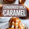 A jar of caramel sauce sits beside a spoon covered in caramel on a marble surface. Text overlay reads “Condensed Milk Caramel.” A bowl of vanilla ice cream appears below with caramel sauce dripping over the scoops. The image shows homemade caramel sauce for ice cream sundaes and sweet desserts.
