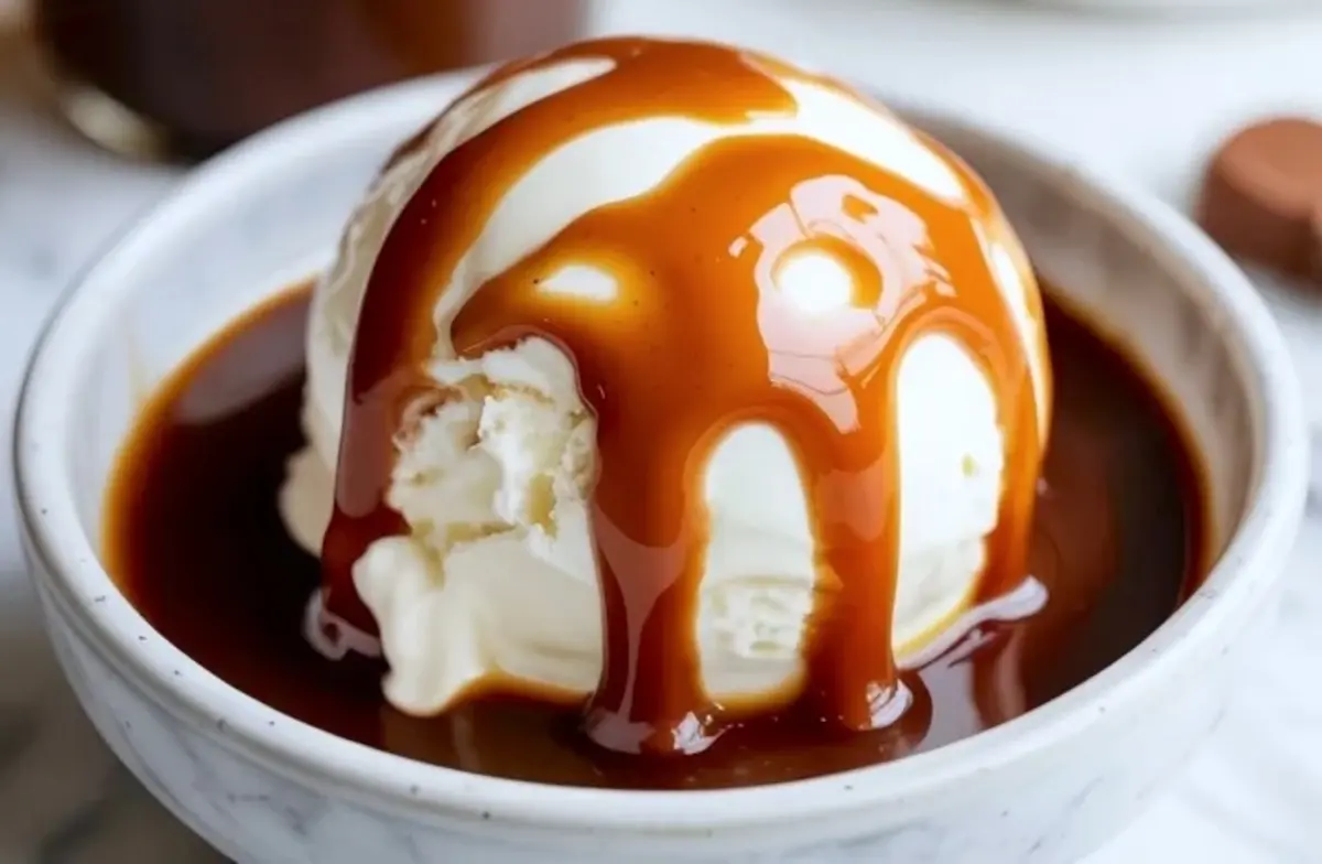 A scoop of vanilla ice cream sits in a white bowl and rich caramel sauce coats the top and pools around the base. The caramel forms smooth drips over the creamy texture. This image shows a classic ice cream sundae with homemade caramel sauce.