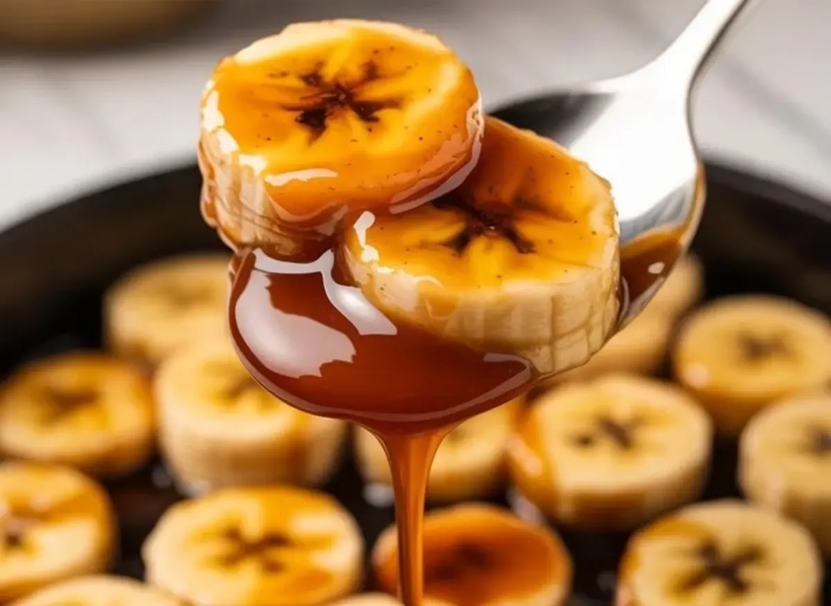 Close view of caramelized banana slices in a spoon with glossy caramel sauce above a skillet.