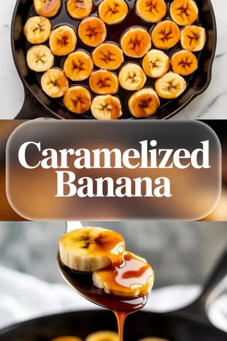 Caramelized banana slices cooking in a skillet with glossy brown sugar sauce.