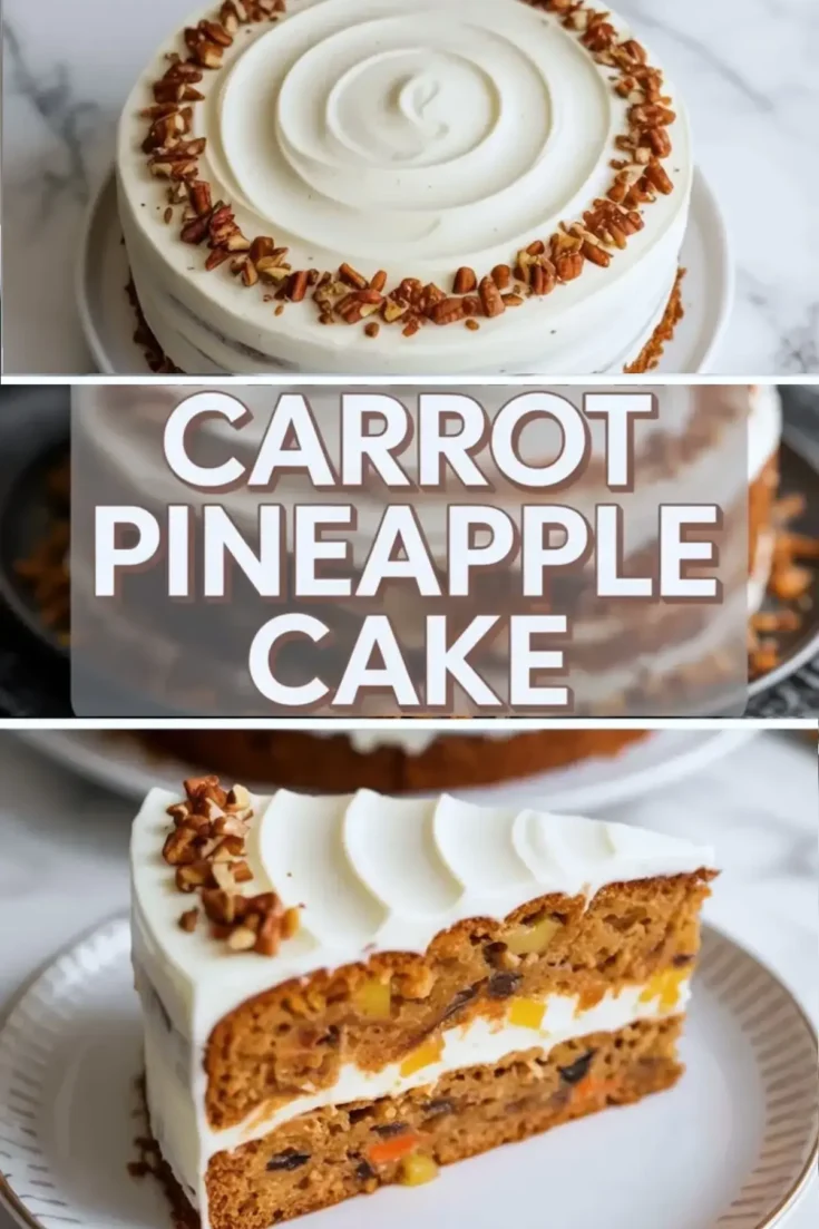 Carrot cake with pineapple layer cake with cream cheese frosting and pecan topping shown as a text overlay collage with the whole cake and a cut slice.