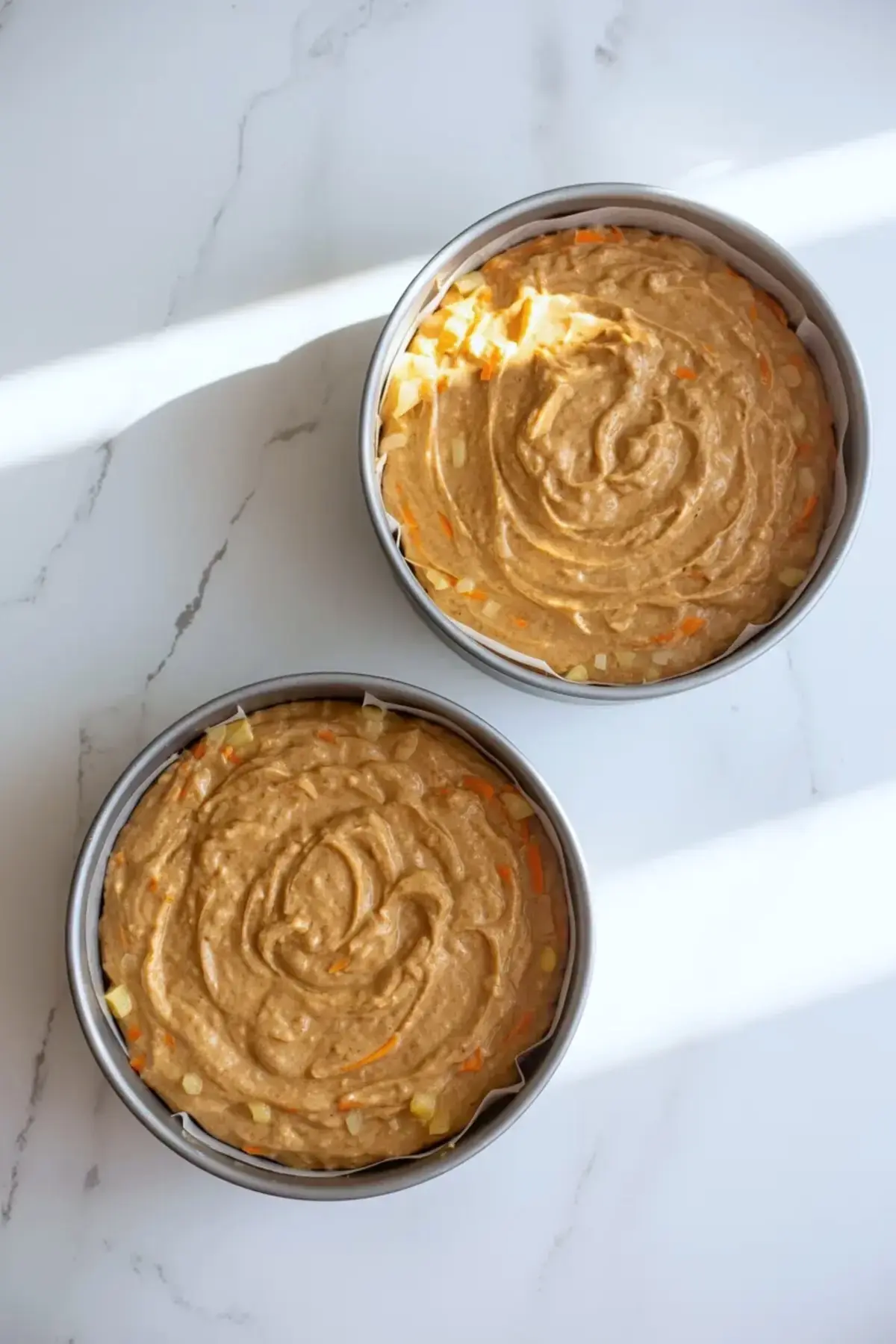 Two round cake pans filled with carrot pineapple cake batter on a white marble surface before baking.
