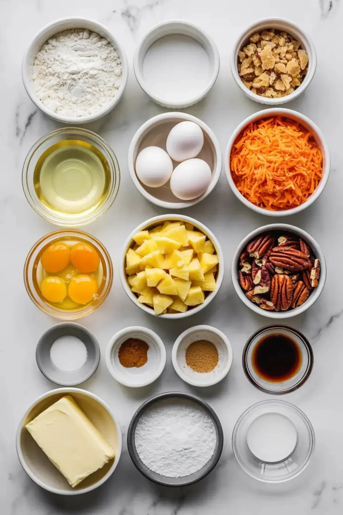 Ingredients for carrot cake with pineapple arranged in bowls, including shredded carrots, pineapple, eggs, pecans, flour, sugar, butter, and oil.