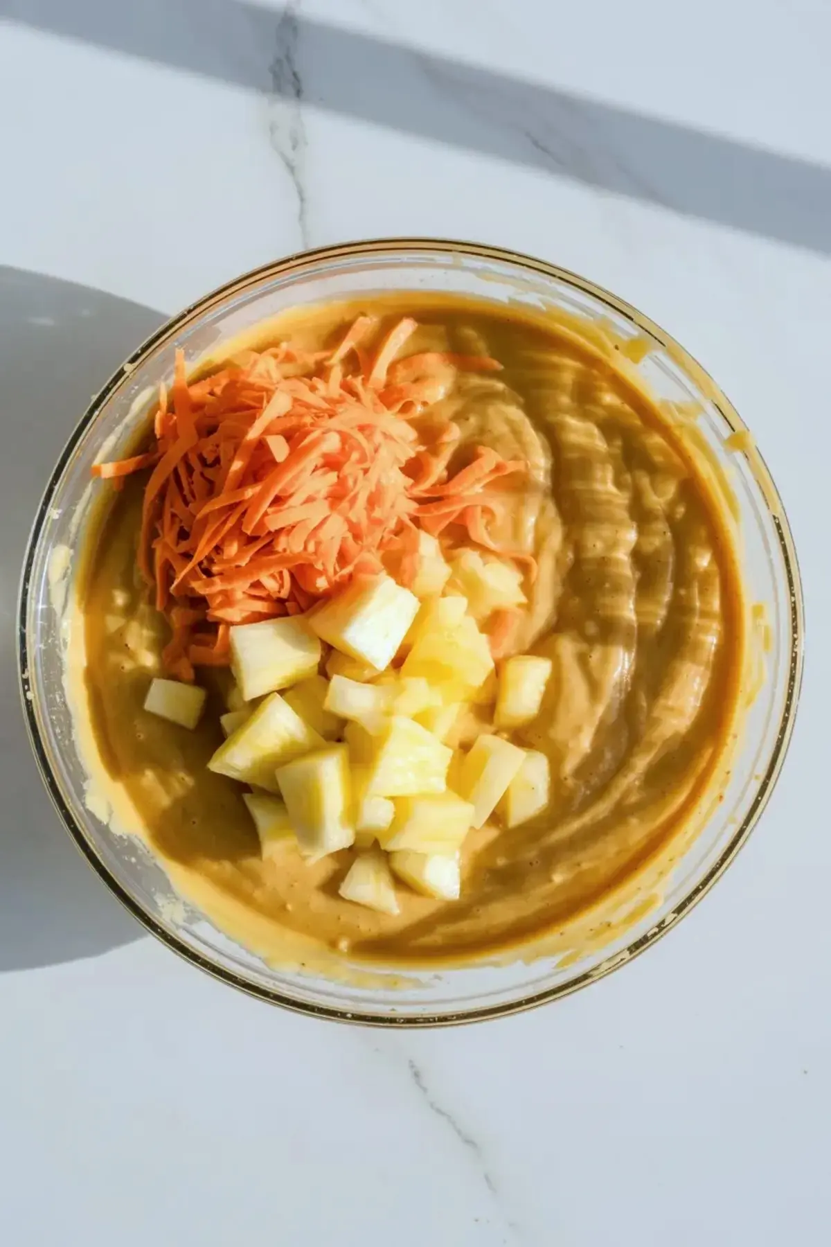 Carrot cake with pineapple batter in a mixing bowl topped with shredded carrots and pineapple pieces before the ingredients are folded together.