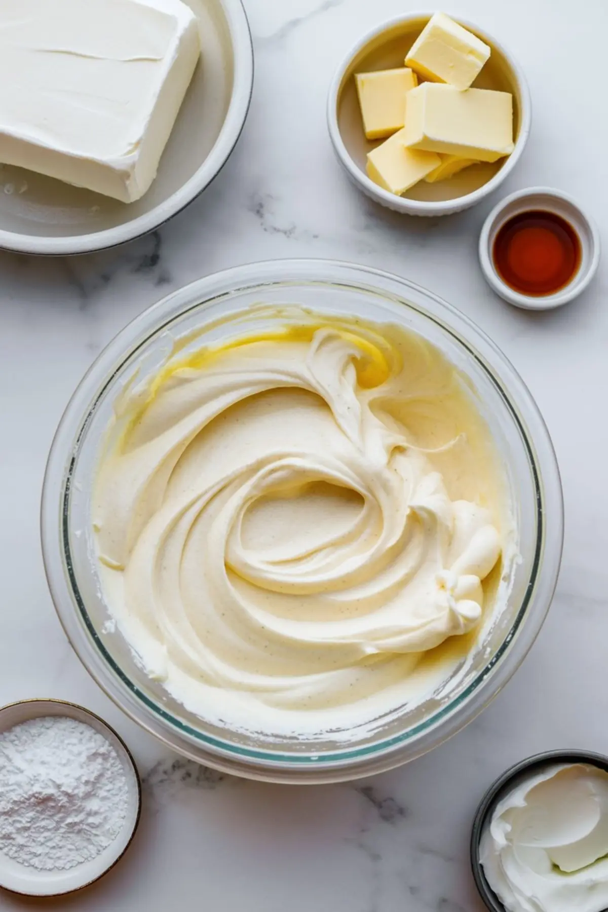 Chocolate frosting is whipped in a glass bowl for chocolate cake with cherry pie filling and a creamy cake topping.