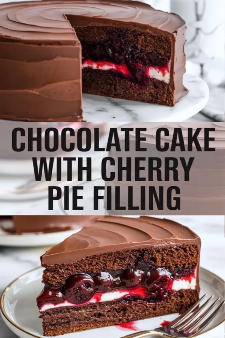 Chocolate cake with cherry pie filling collage shows a finished chocolate cake and a plated slice with glossy cherry filling layered between rich chocolate cake and creamy frosting.