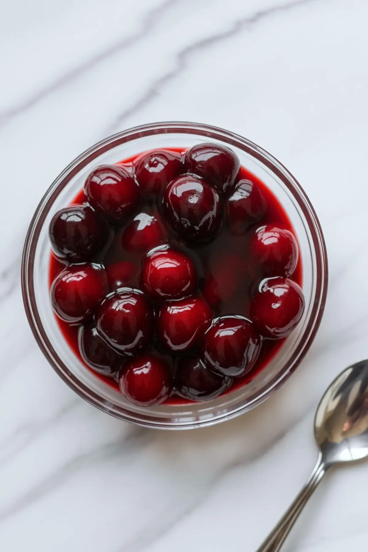 Cherry pie filling sits in a bowl with glossy whole cherries, ready to layer into chocolate cake with cherry pie filling.