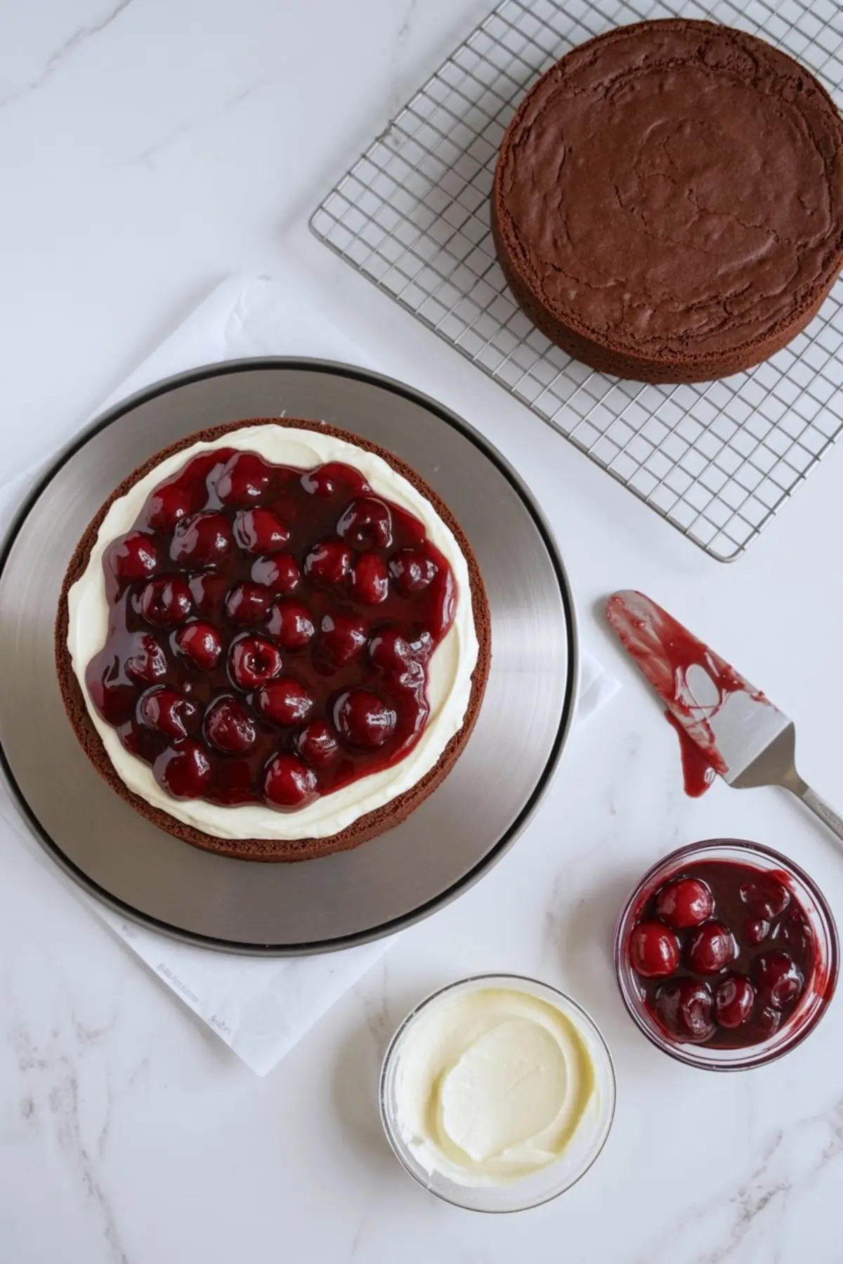 Chocolate cake with cherry pie filling is assembled with chocolate cake layers, white frosting, and glossy cherry filling spread between the layers.