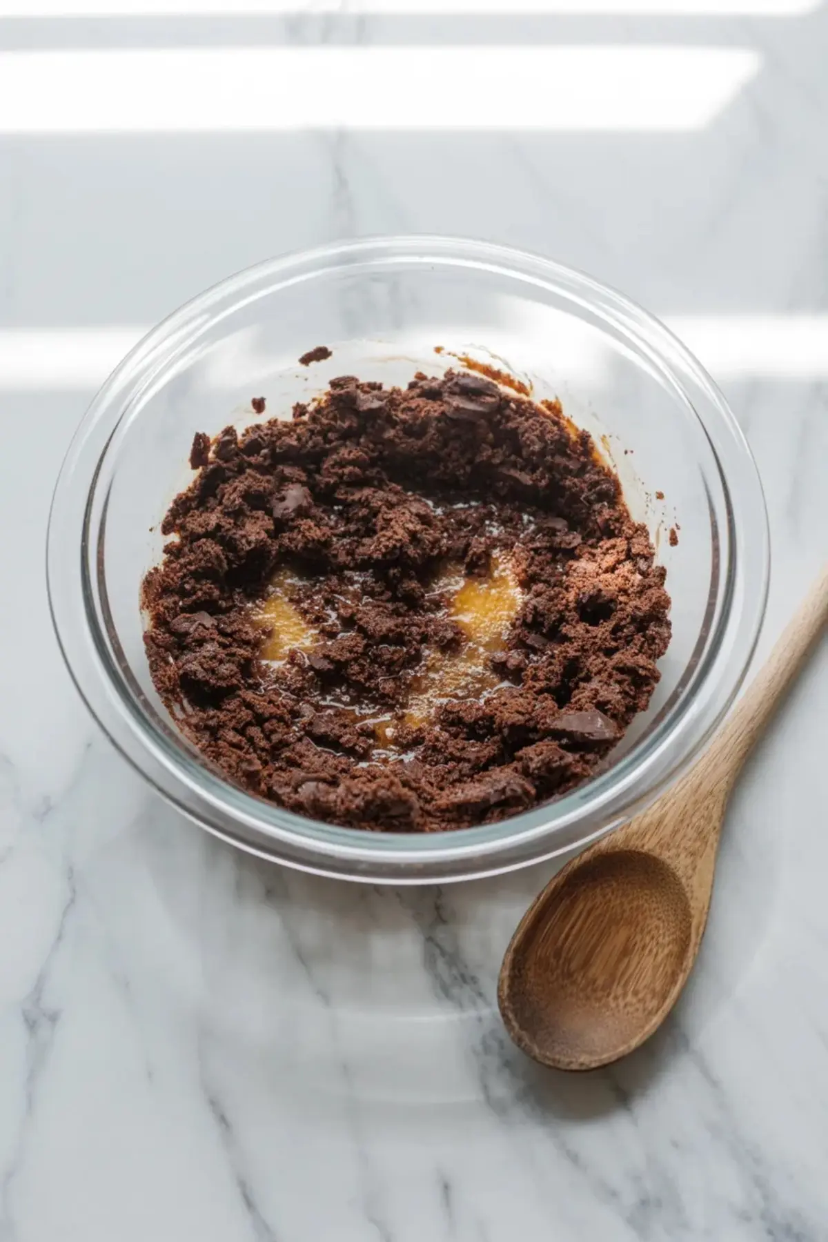 Chocolate cookie crumbs mixed with melted butter for the crust sit in a glass bowl on a white marble surface beside a wooden spoon.