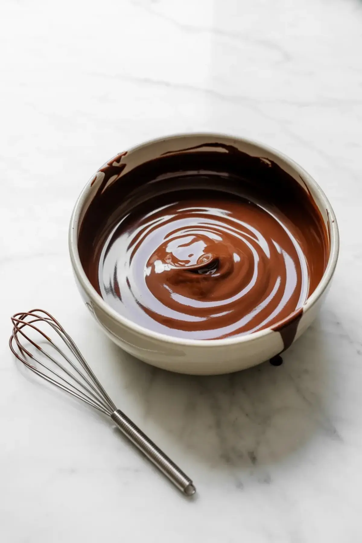 Smooth chocolate ganache for Chocolate Pistachio Cream Pie Bars sits in a bowl with a whisk on a white marble surface.