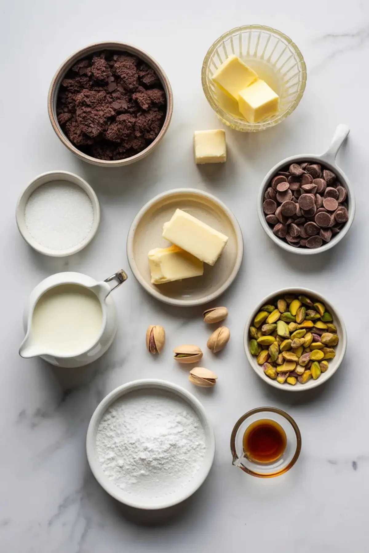 Measured ingredients for Chocolate Pistachio Cream Pie Bars are arranged in bowls with chocolate cookie crumbs, pistachios, butter, cream, sugar, and vanilla.