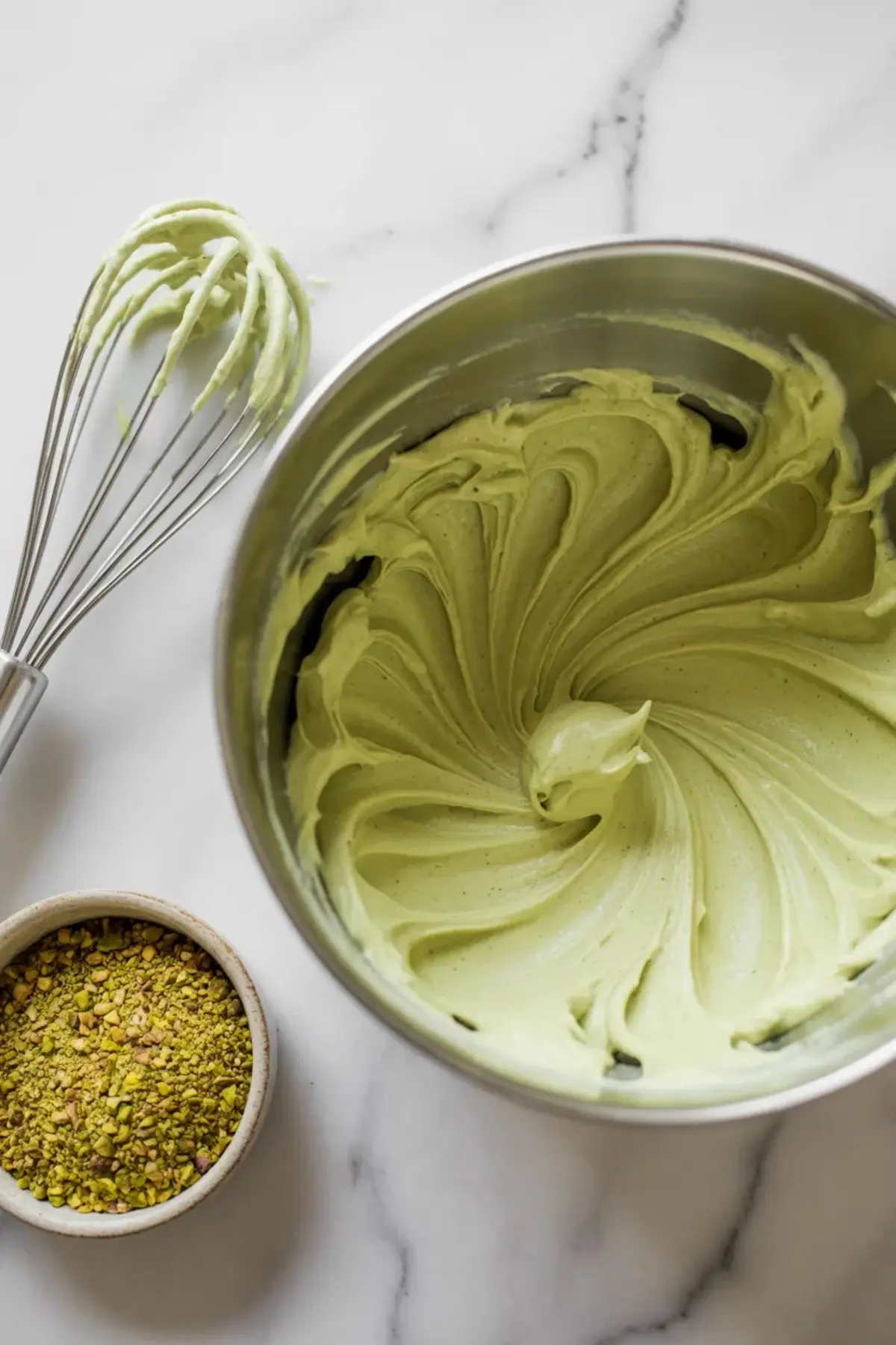 Whipped pistachio cream filling for Chocolate Pistachio Cream Pie Bars sits in a metal bowl with chopped pistachios and a whisk nearby.