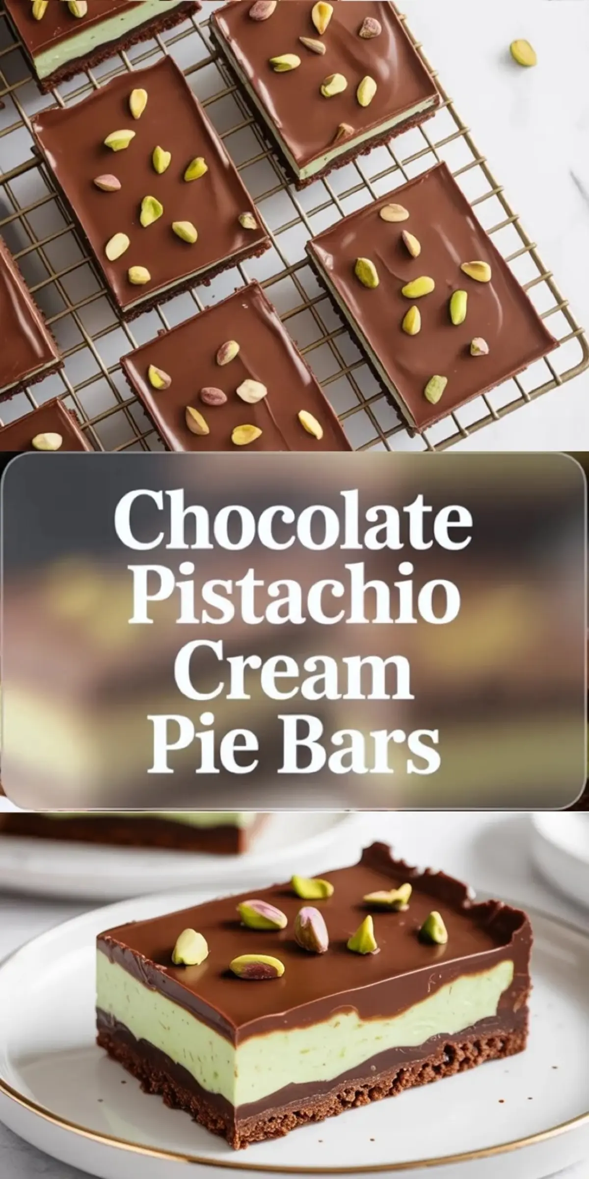 Collage of Chocolate Pistachio Cream Pie Bars showing glossy chocolate topped bars on a rack and one plated pistachio cream bar close up.