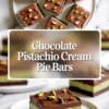 Chocolate Pistachio Cream Pie Bars on a white plate show distinct chocolate crust, pistachio cream center, and glossy ganache topping with pistachios.