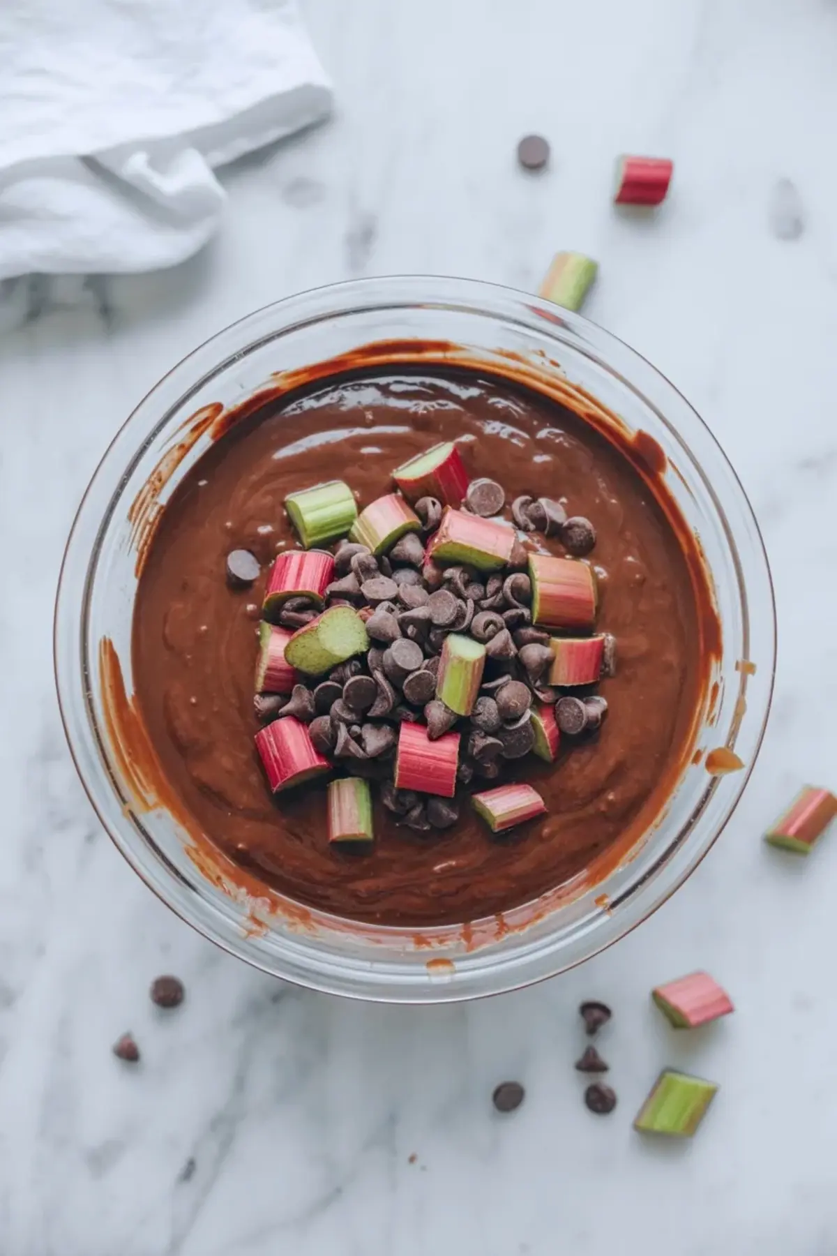 Chocolate rhubarb bread batter sits in a glass bowl with chopped rhubarb and chocolate chips on top.