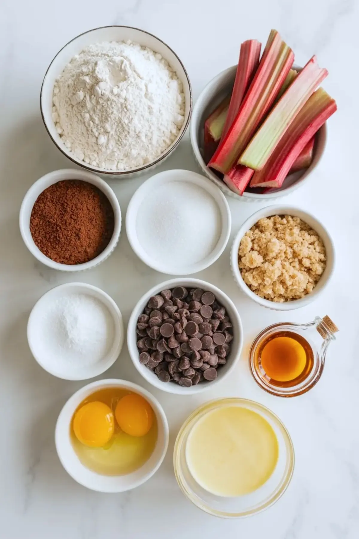 Ingredients for chocolate rhubarb bread are arranged in small bowls with rhubarb, chocolate chips, eggs, and oil on a marble surface.